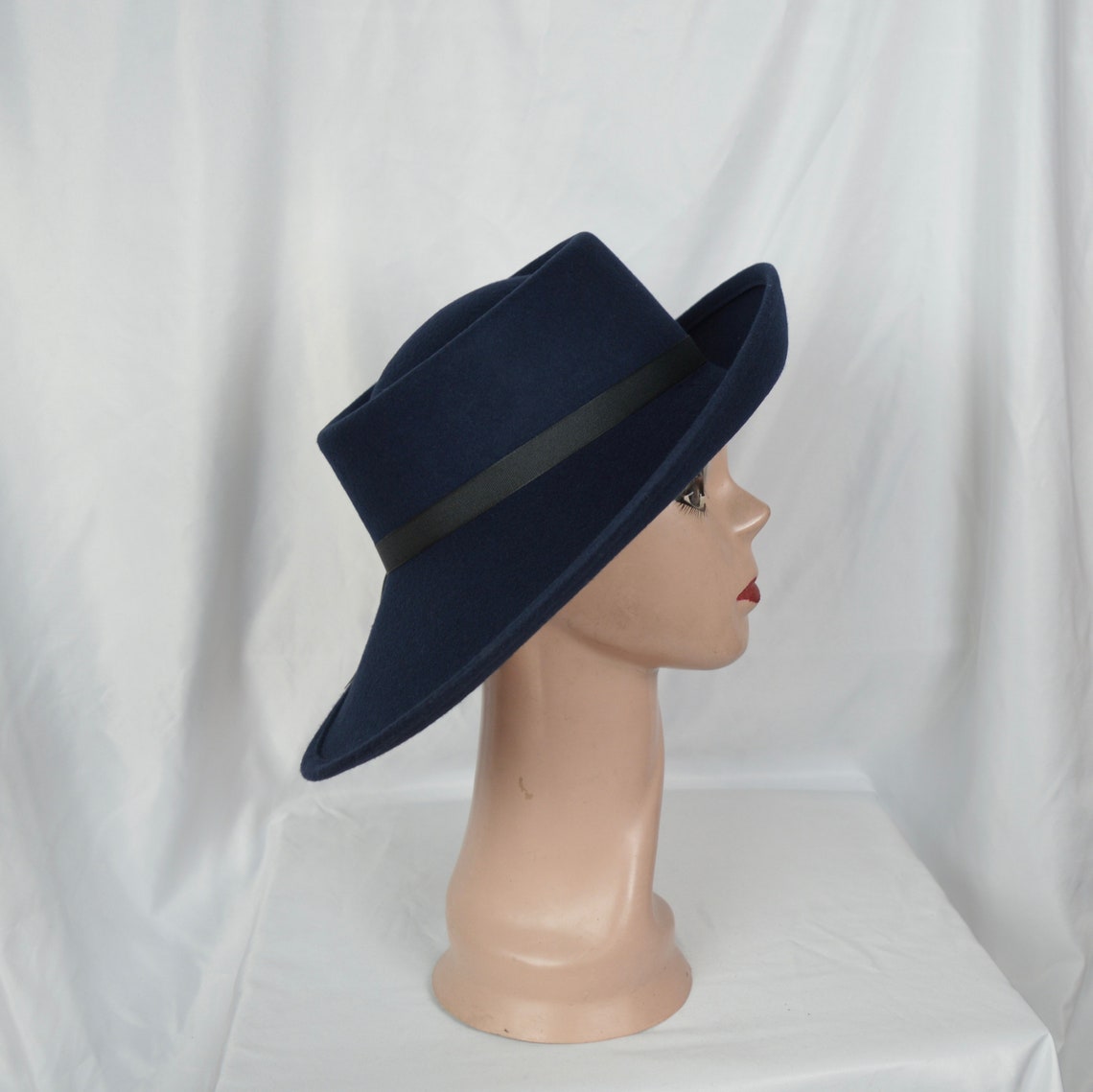 Navy Blue Large Brim Wool Felt Hat /navy Blue Felt Side Rolled Etsy