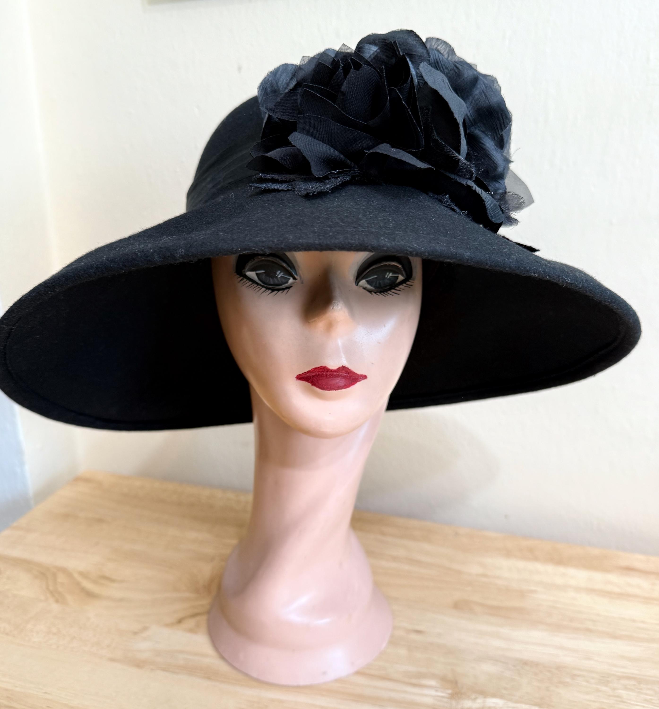 Black Wool Felt Wide Brim Hat: Silk Flowers & Ribbon - Etsy