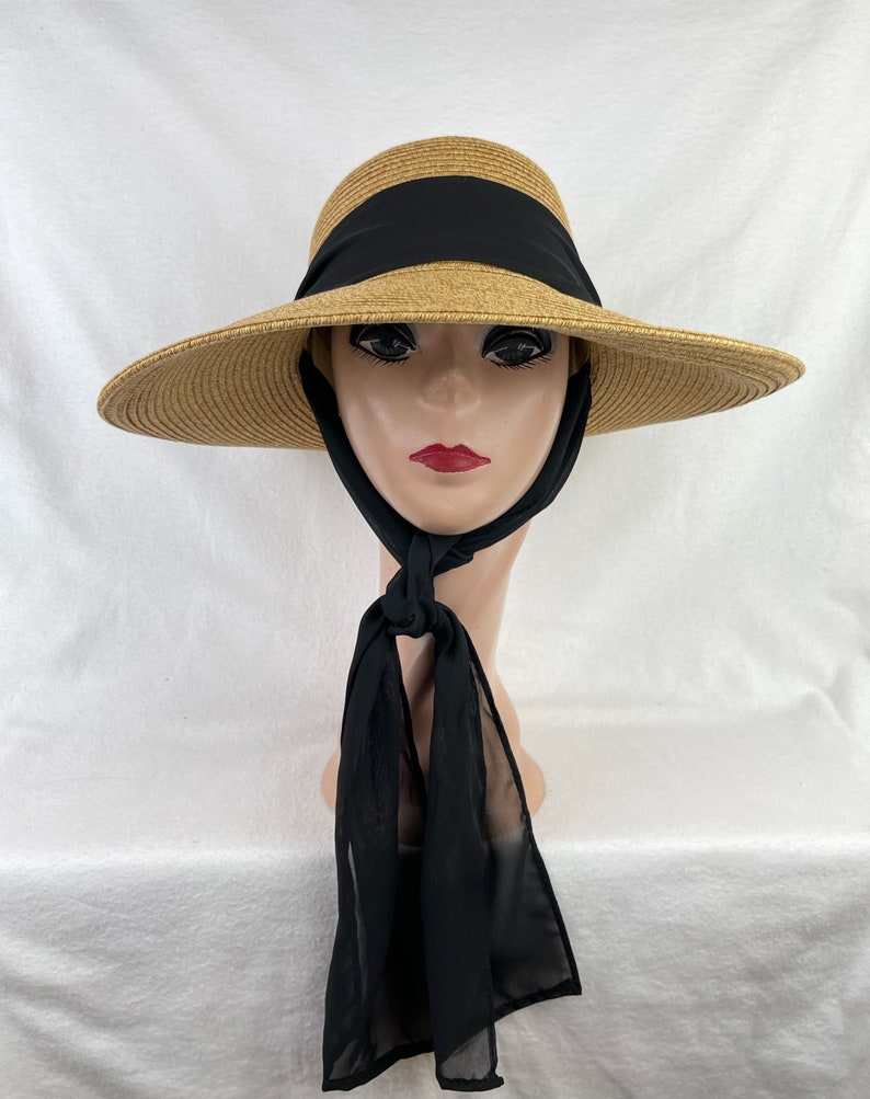 Wheat Color 4 Inch Downturn Brim Straw Hat With Changeable Scarf Trim / Sun Hat With Chin Tie / Straw Lg Brim Beach Hat / Retro Sun Hat image 7