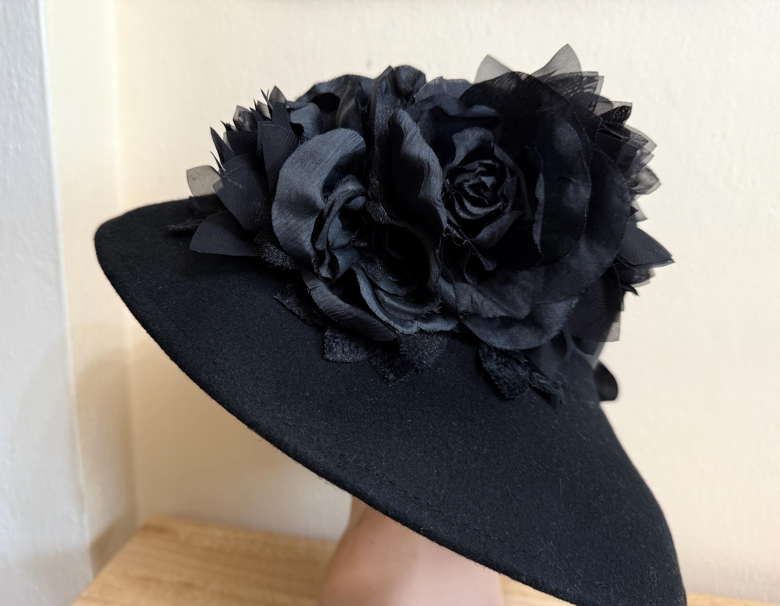Black Wool Felt Wide Brim Hat: Silk Flowers & Ribbon - Etsy