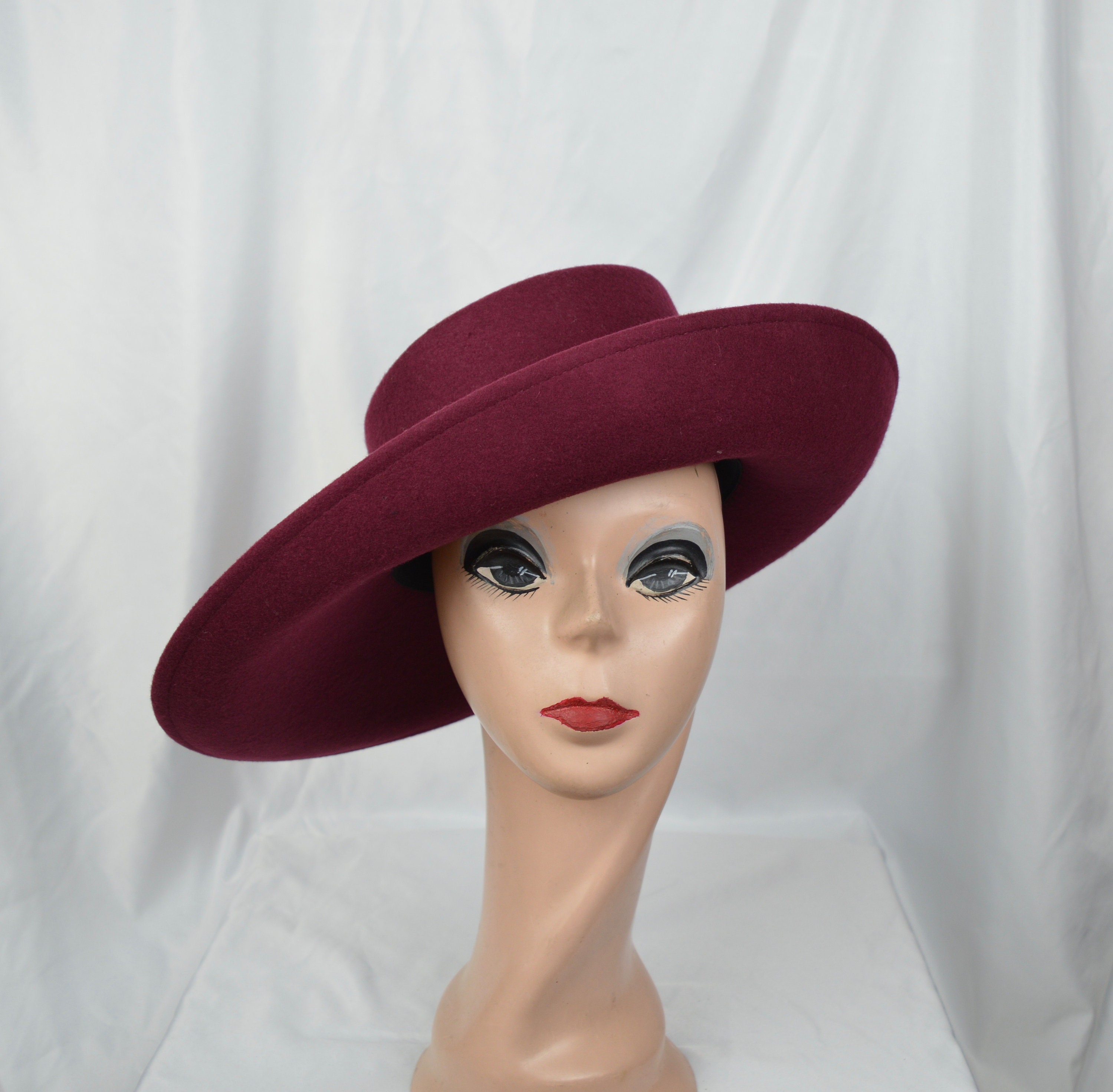 Burgundy Wine Color Large Brim Wool Felt Hat / Side Rolled 