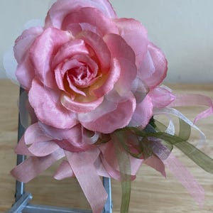 Pink Silk Rose Pin With Ribbon Trim / Handmade Vintage Inspired Rose Pin / Pink Rose Pin For Hats Clothing And Headpieces / Free US Shipping