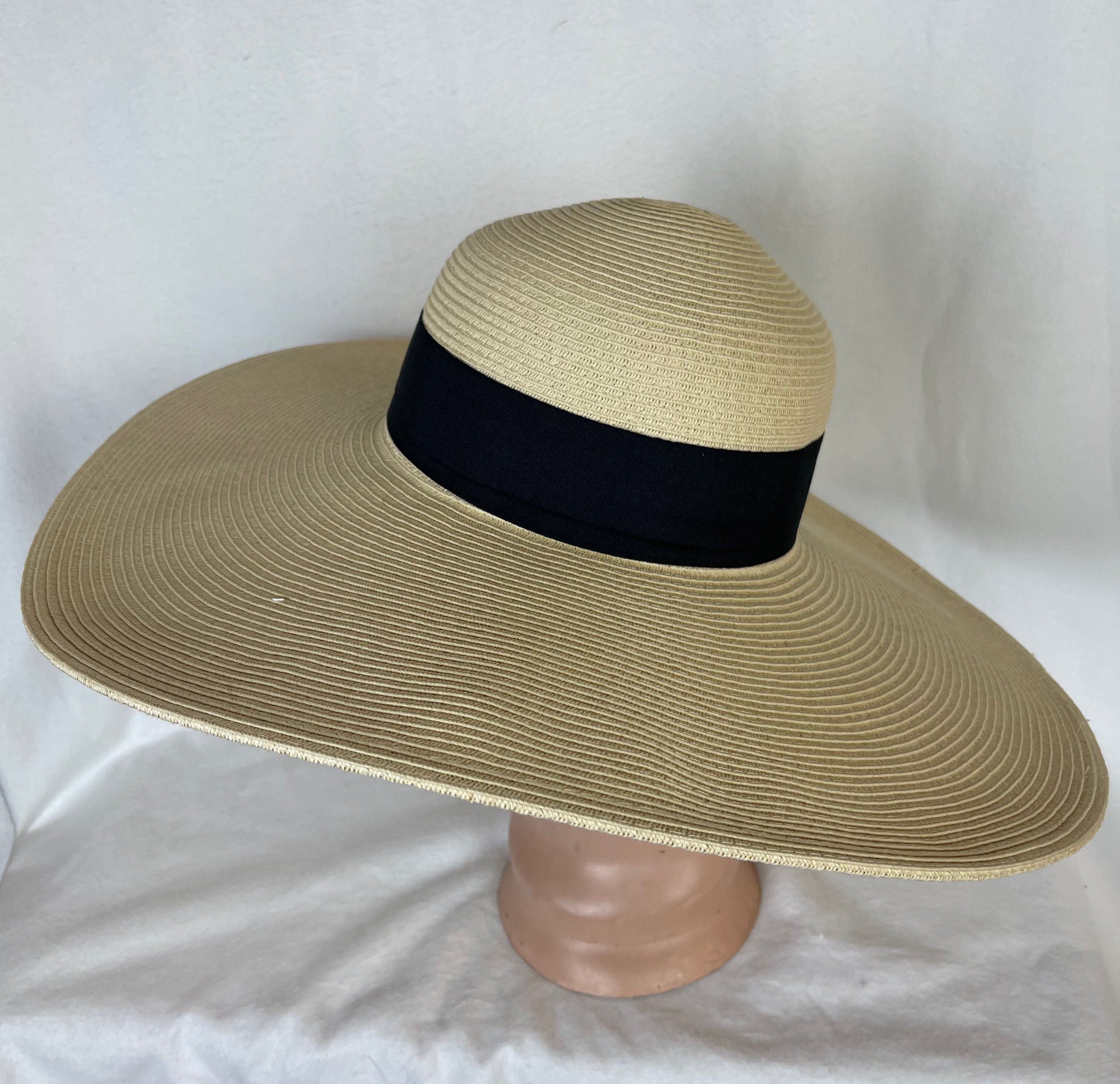 6 Inch Brim Beige Sun Hat With Black Ribbon Band / Flat Brim