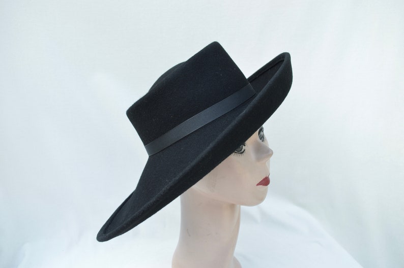 Black Large Brim Wool Felt Hat /Black Felt Side Rolled Brim Telescope Hat / Millinery / Felt Telescope Brim Hat image 5