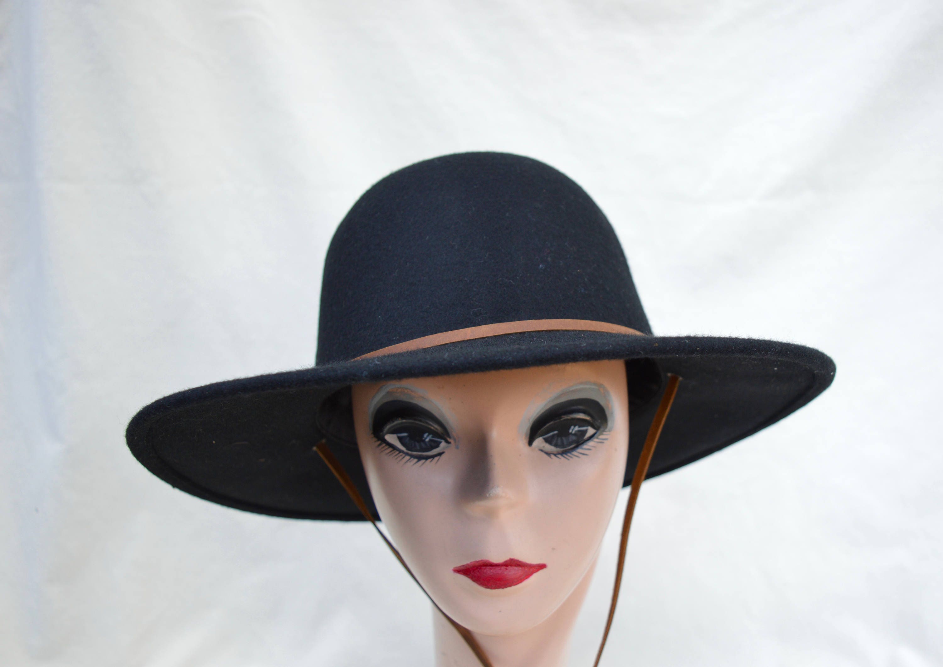 Black Felt Large Brim Wool Felt Hat With Adjustable Chin Strap Etsy