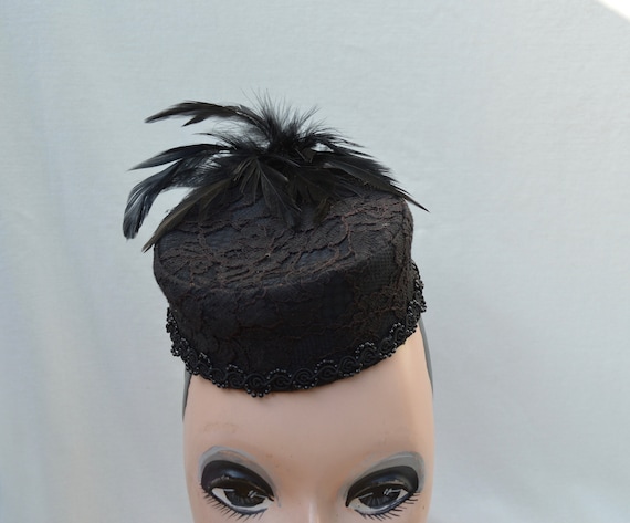 Vintage Black Cocktail Hat With Feathers / Lace Covered Crown | Etsy