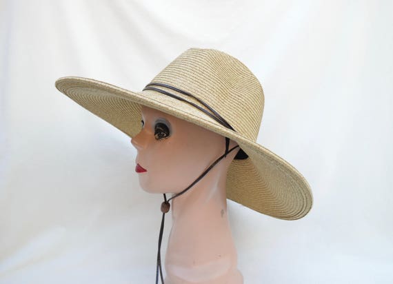 Large 5 Inch Brim Tan Fedora Style Sun Hat With Chin Cord / Large