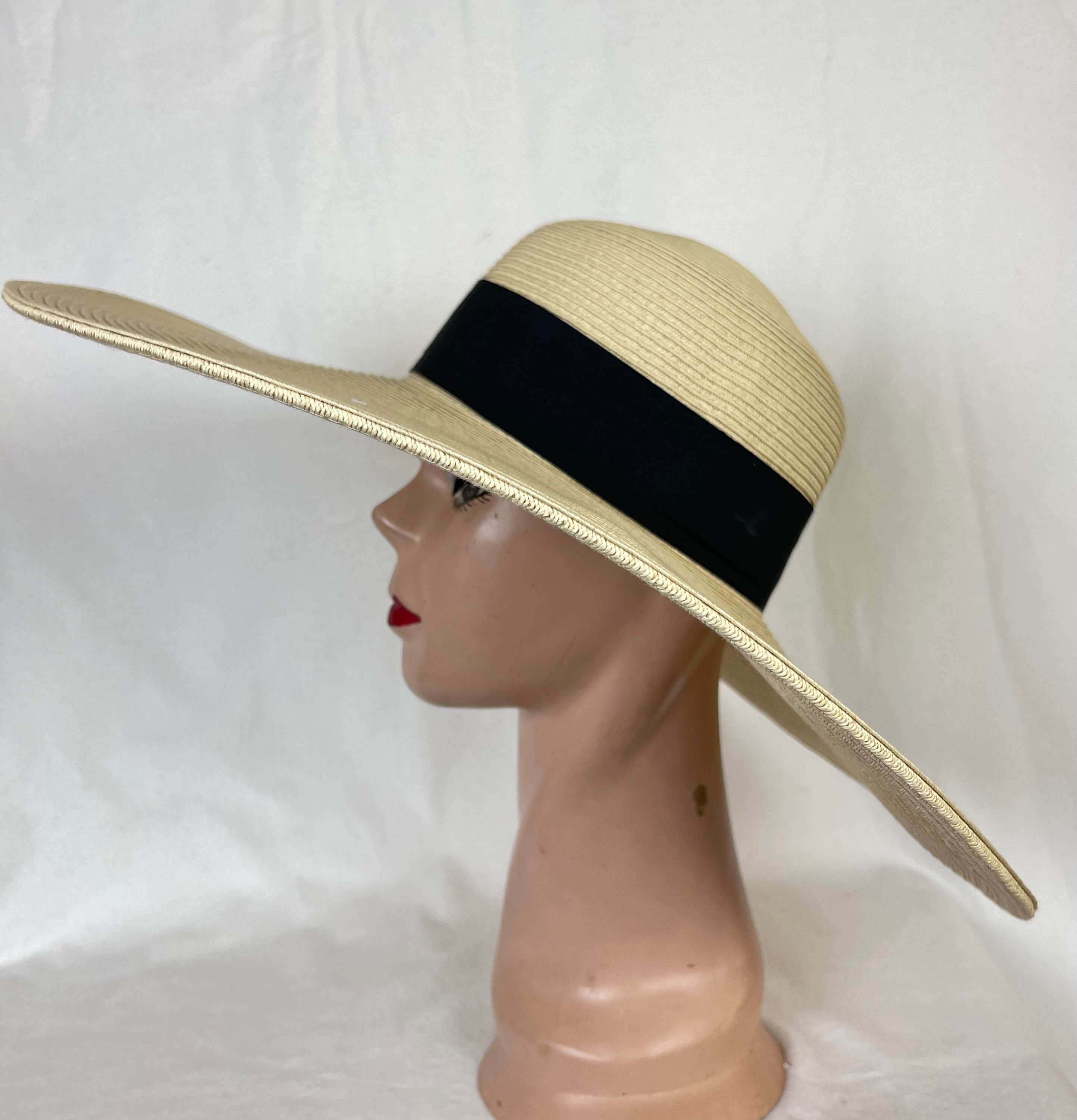 送料無料 Black With Hat Sun Beige Brim Inch 6 Ribbon Brim Flat / Band 帽子