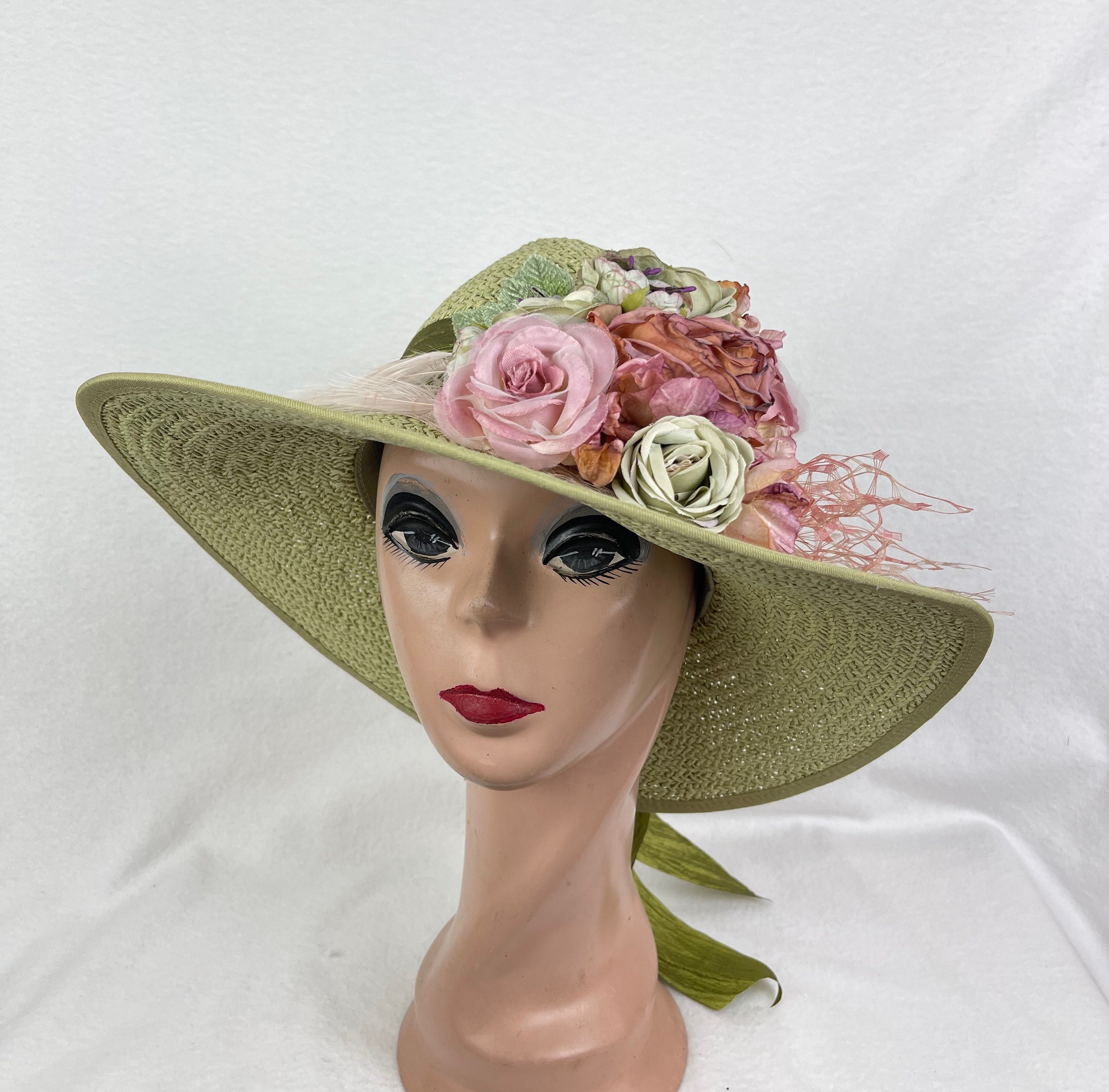 LOUISE GREEN BEIGE STRAW HAT WITH OPEN BLACK LATICE!