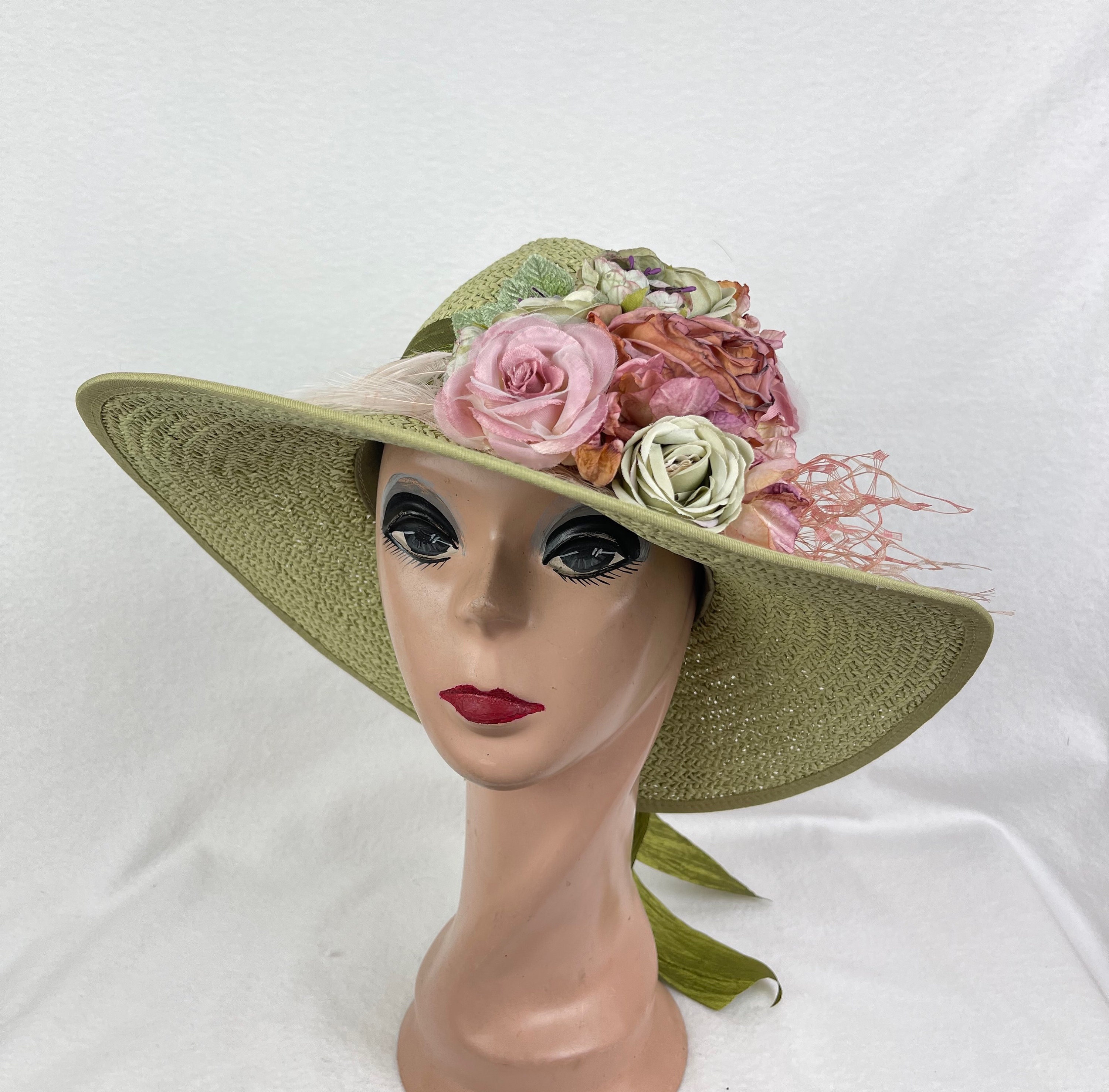 4 Inch Large Brim Sage Green Straw Hat Trimmed With Silk