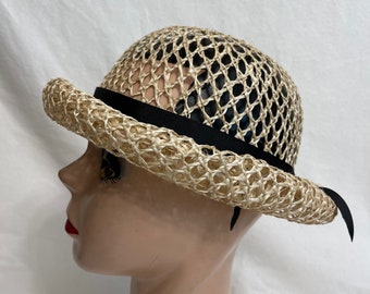 Small Head Size Natural Sisal Straw Cloche Hat With Adjustable Ribbon Band/ Vintage Inspired Sisal Crochet Weave Cloche / Sm Head Size Hat