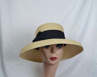 Tan Lampshade Hat With Ribbon Band / Retro Lampshade Style Straw Hat / Derby Hat / Garden Party Hat