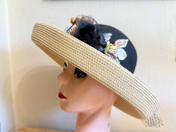 Black & Tan Kettle Brim Hat Vintage Trim and Netting / 3.5  display picture 3