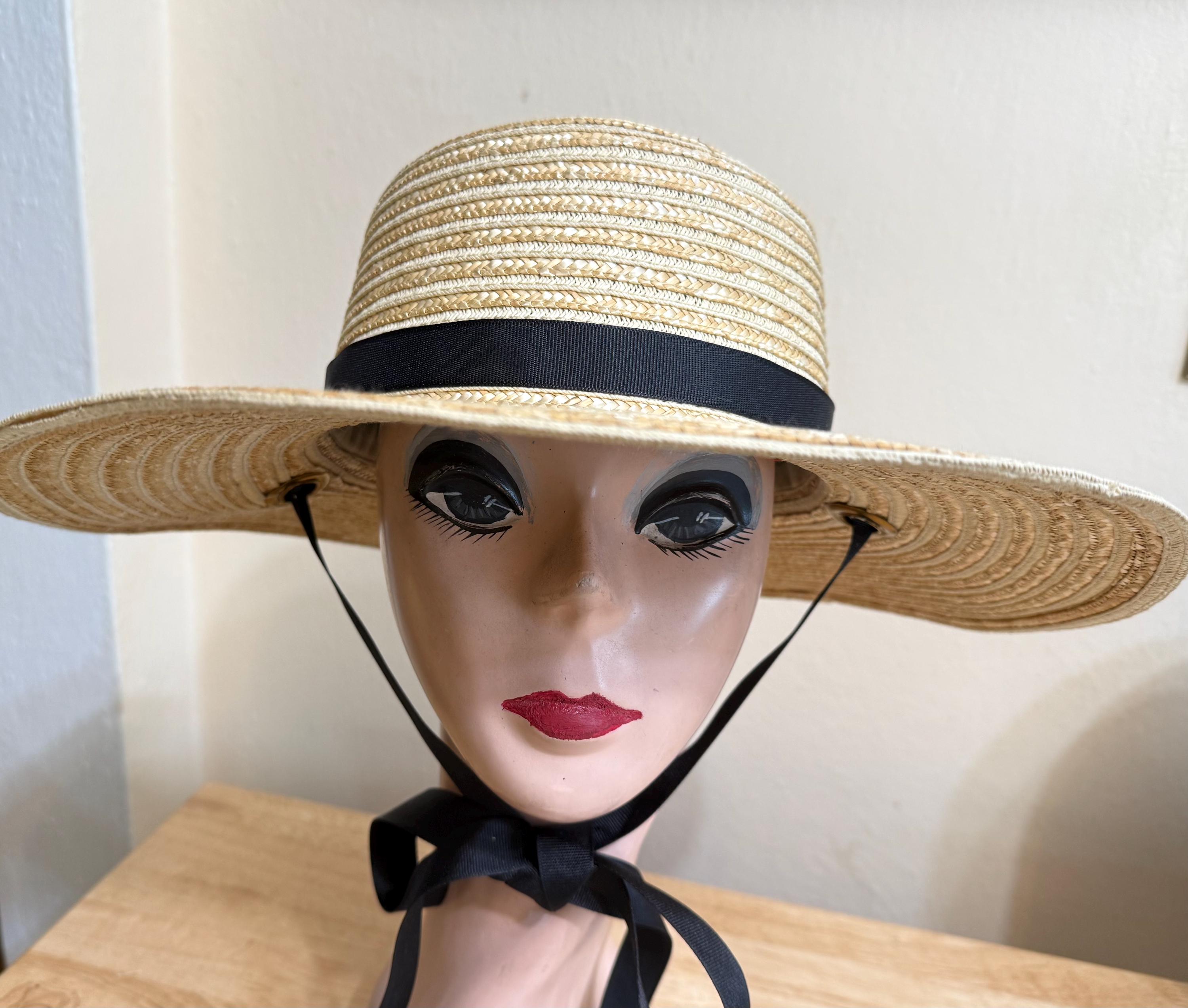 Italian Straw Boater Hat: Wheat Braid, Black Ribbon Ties 