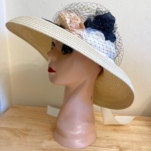 Beige Lampshade Hat With Ribbon Band And Roses / Special Event Straw Hat / Vintage Inspired Hat / Garden Party Hat / Audrey Hepburn Hat