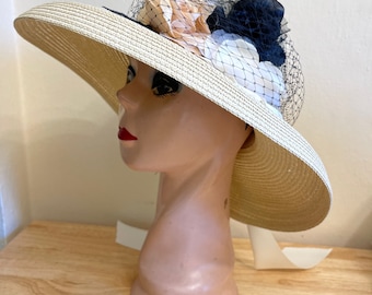 Beige Lampshade Hat With Ribbon Band And Roses / Special Event Straw Hat / Vintage Inspired Hat / Garden Party Hat / Audrey Hepburn Hat