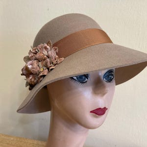 Tan Wool Felt Cloche Hat With Vintage Velvet Flower Trim / Wool Felt Vintage Inspired Cloche Hat / Downton Abbey Hat / Felt Cloche Hat
