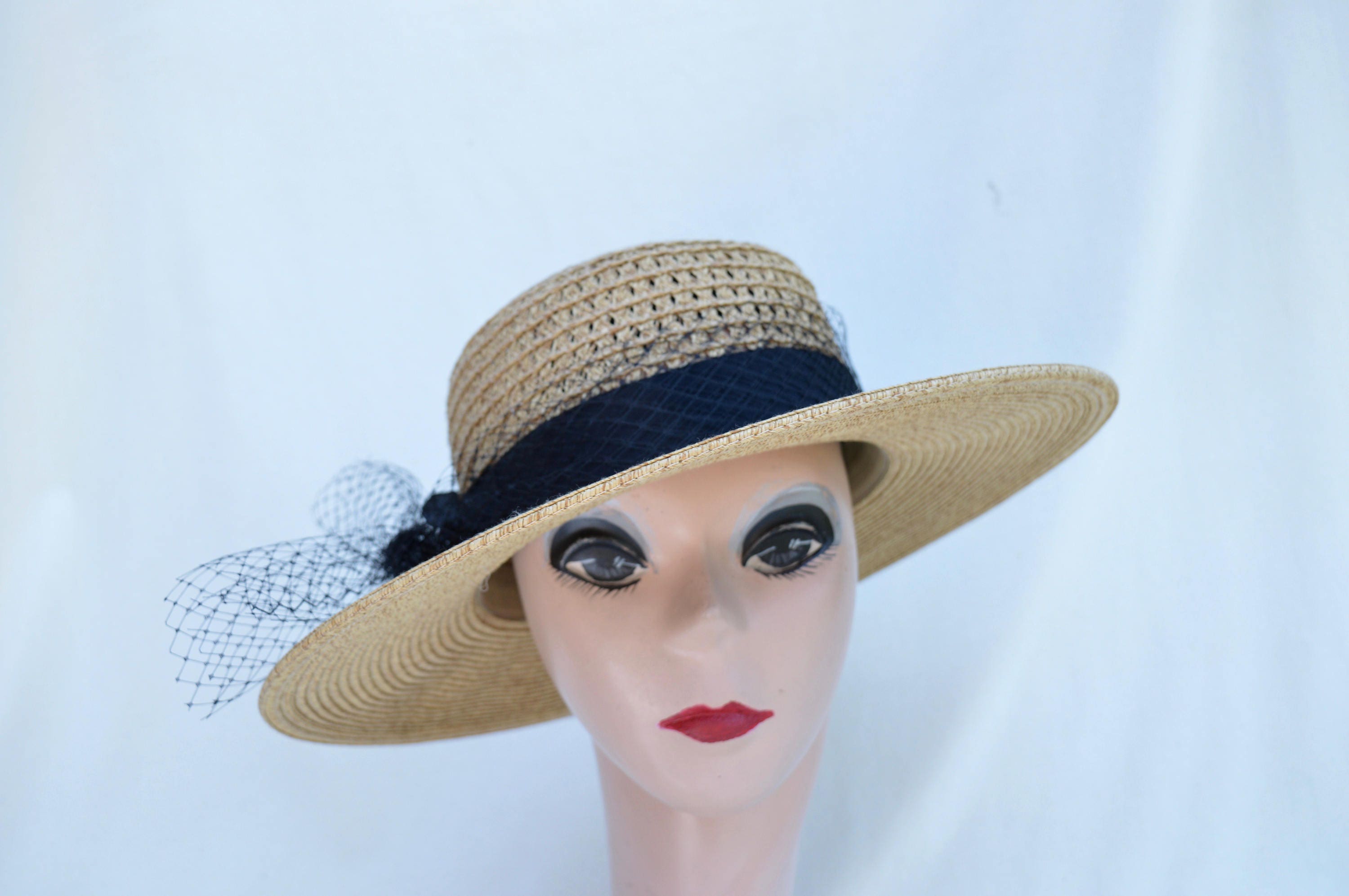 Straw Boater Hat With Black Trim And Netting / Straw Boater Etsy