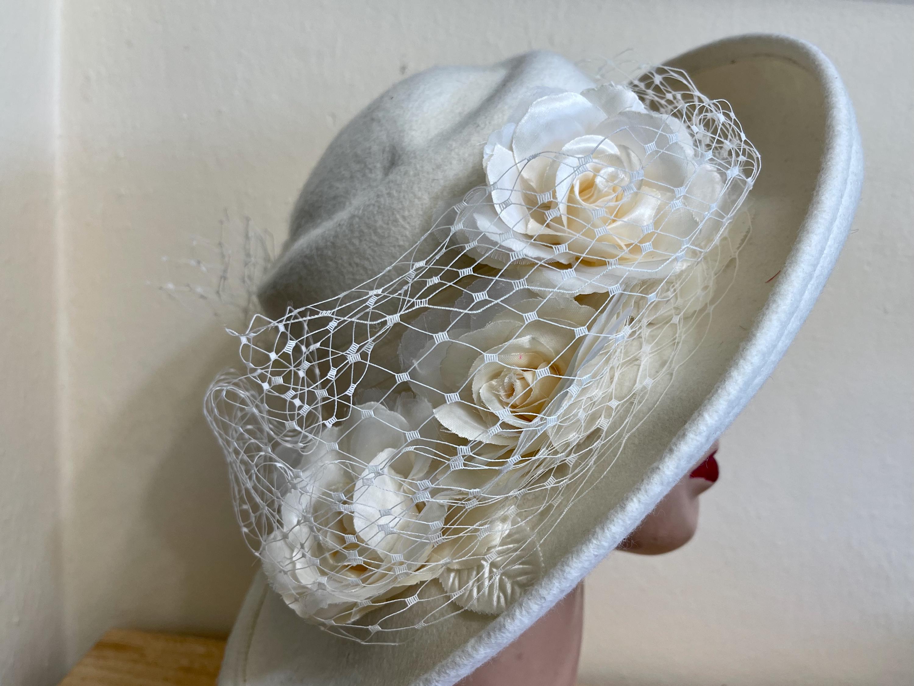 Custom millinery hat. Silk rose. Formed felt interior. Beaded tulle. Vintage millinery corsage. 1930s French rose. Hat main image 4