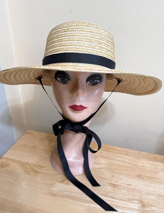 Straw Boater Hat with Black Band Traditional Wheat Straw Boater Hat with Black Band | eBay main image 2