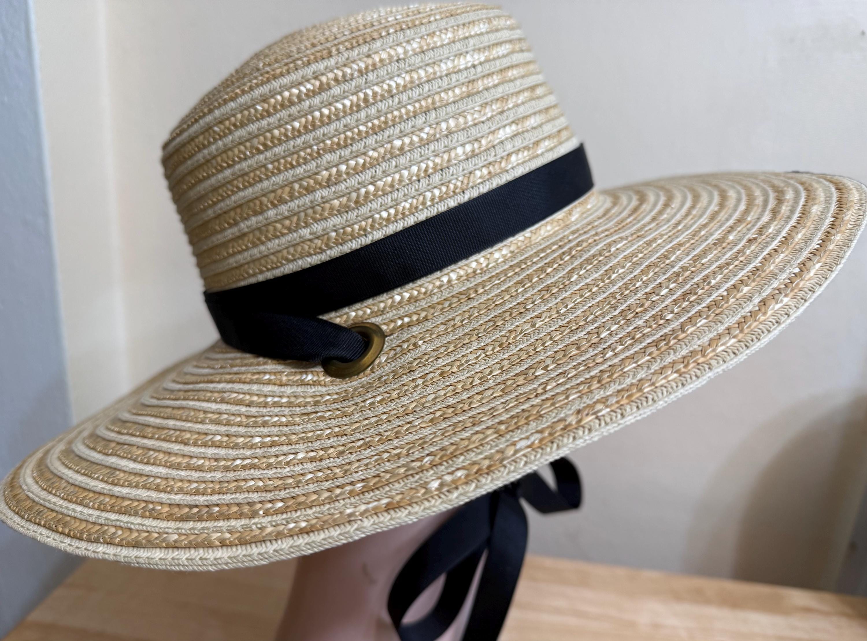 VTG Saks Fifth Ave Made in Italy Natural Straw Boater Hat Black Bow Exclusive Black Packable Wide Bow Sunhat | Toucan Hats main image 4