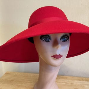 Red Wool Felt Wide Brim Hat: Asymmetrical Brim, Removable Ribbon