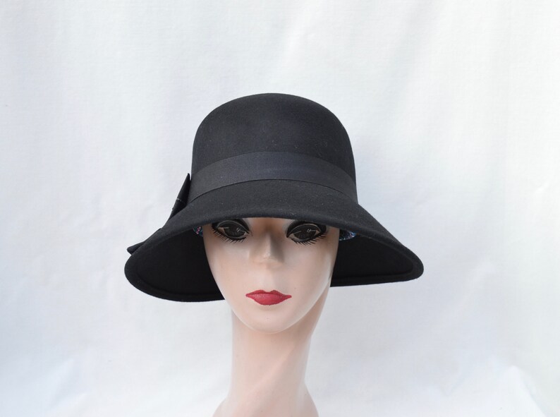 Black Wool Felt Cloche Hat Wih Bow Trim Vintage Inspired Cloche With Downturned Side To Side Brim Downton Abbey Black Felt Cloche Hat