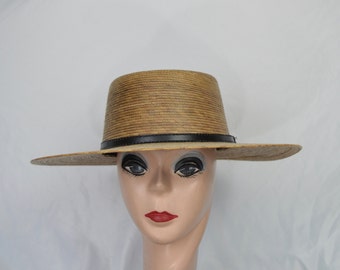 Palm Straw Boater Hat Medium and Large Headsize 3.5 Inch Palm Straw Boater Hat Light & Dark Palm Straw / Large Brim Straw Boater Hat