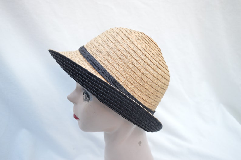 Tan/Black Cloche Hat With Bow / Vintage Inspired Downton Abbey Cloche Hat / Tan/Black Straw Cloche Hat With Rolled Brim And Bow image 7