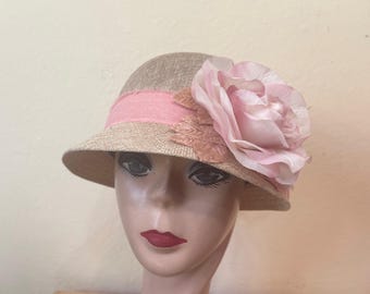 Linen Cloche Hat: Pink Silk Rose, 1920s Flapper Style
