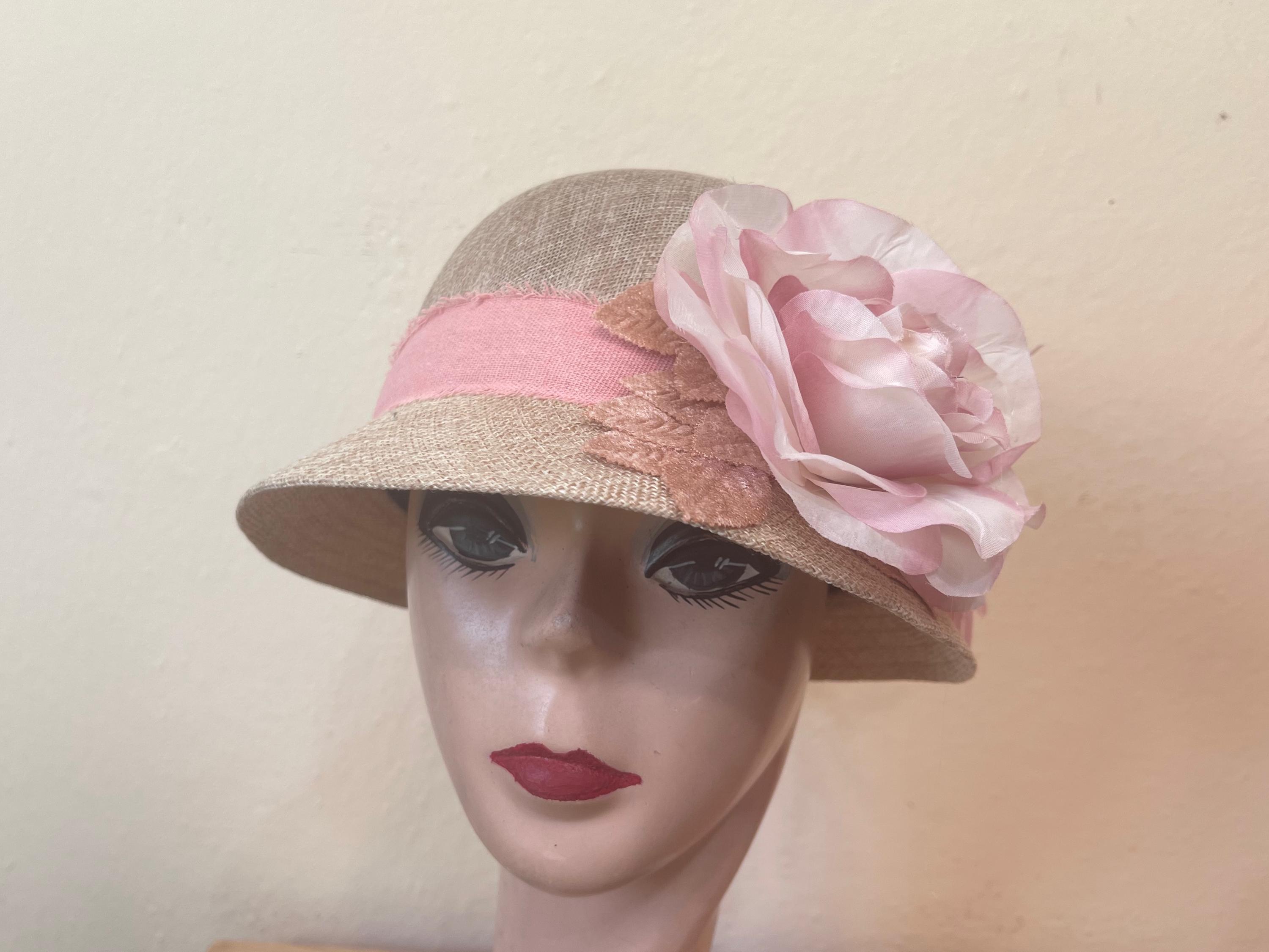 Vintage Style Yellow Boucle Tweed Cloche Hat Large Silk Rose Floral Church Derby Cloche Hat in Chartreuse Green Linen with Flower | The Alice  main image 2