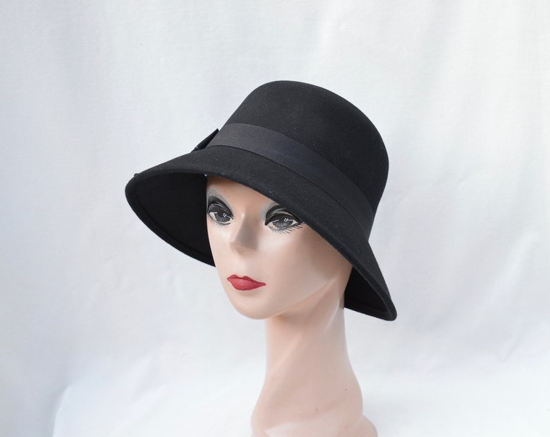 Black Wool Felt Cloche Hat Wih Bow Trim Vintage Inspired Cloche With Downturned Side To Side Brim Downton Abbey Black Felt Cloche Hat