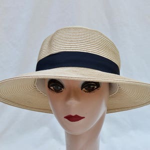 Med -XXl Sizes Available / Beige Straw Hat With Black Ribbon Trim / Packable Crushable Lampshade Brim Sun Hat
