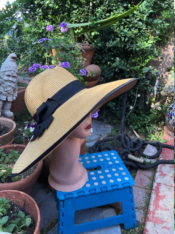 Large Brim Sun Hat / 5 inch Brim Tan Sun Hat / Medium - Extra Large Head Size Available / Black Ribbon Trim / Great UV Protection