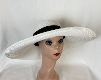 6 Inch Brim White Sun Hat With Black Ribbon Band / Flat Brim Sun Hat / White Derby Hat / Fashion Sun Hat / UV Protection Hat / Med & Lg Size