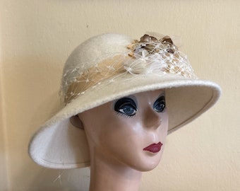 Ivory Wool Felt 3.5" Brim Bucket Hat With Silk Rose & Velvet Leaves With Removable Netting / Wool Felt Bucket Hat /Vintage Inspired Hat