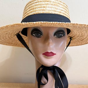 4 Inch Natural Straw Boater Hat With Black Ribbon Band And Removable Chin Tie / Natural Wheat Straw Large Brim Boater Hat/Classic Boater Hat