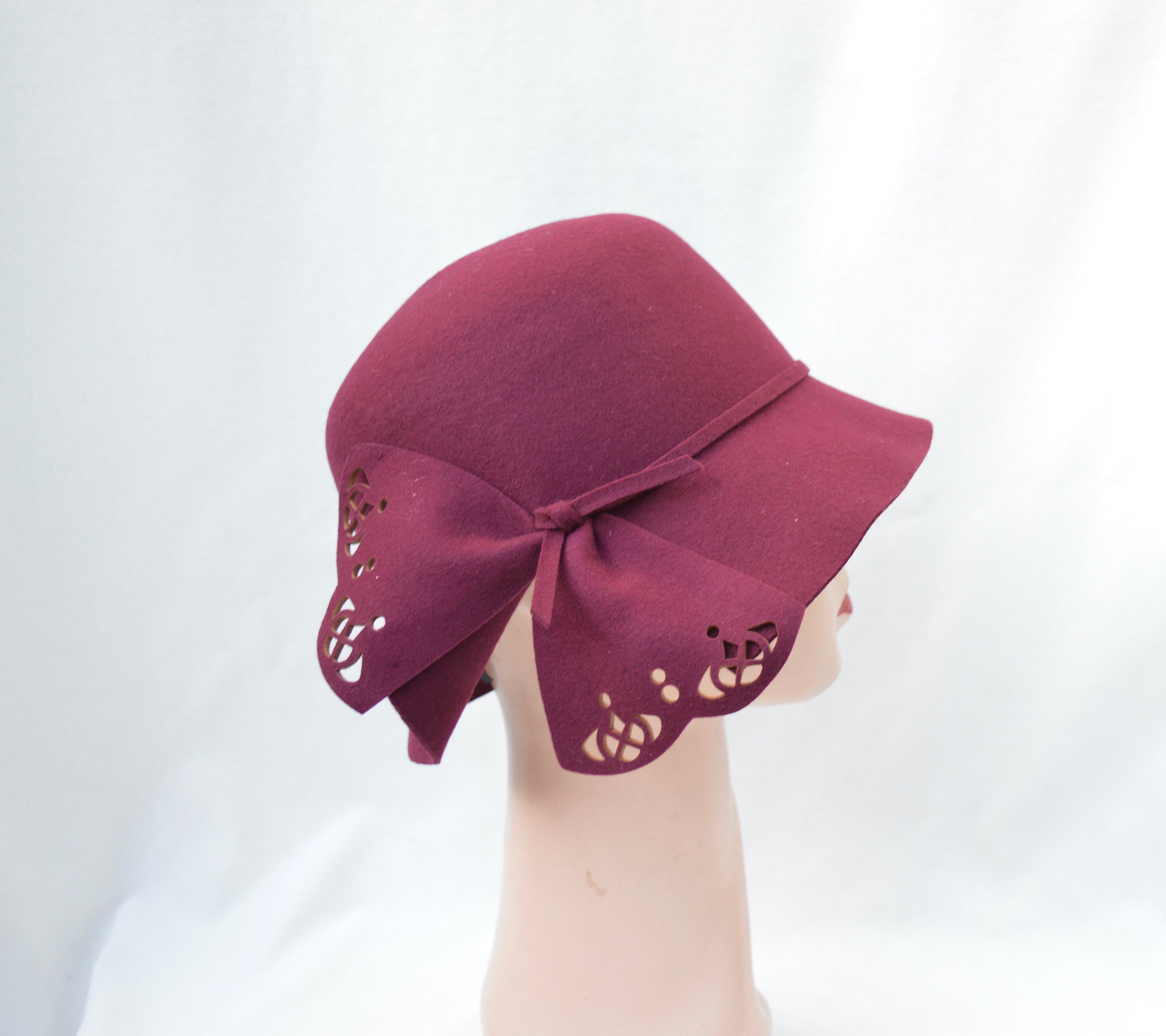 Timeless Vintage Style 1920s Hand Made England Cloche Burgundy Wool Felt Hat Velvet Cloche Hat |Wool Felt Top Hat - Handmade Vintage  main image 4