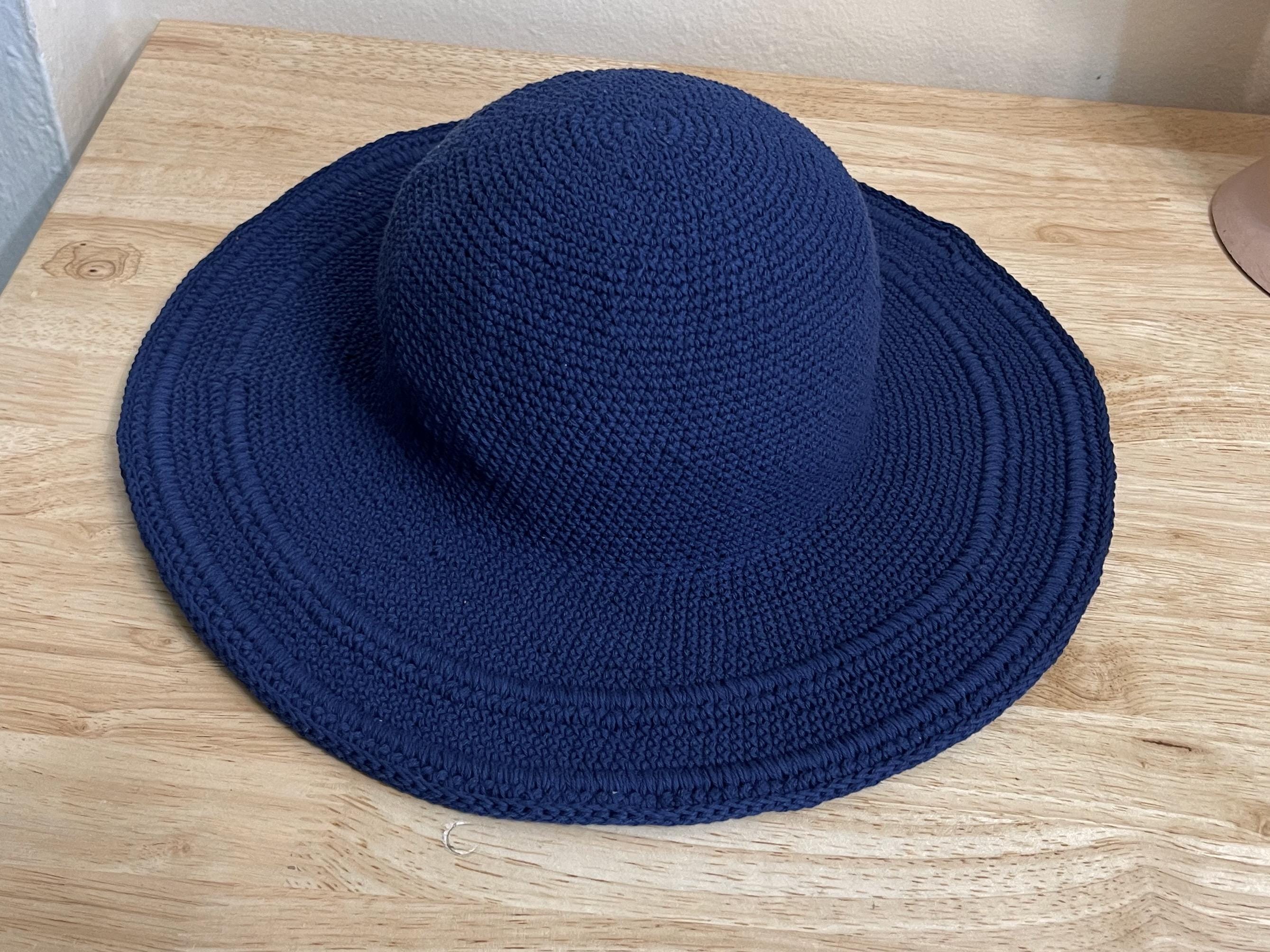 Hand-Crocheted Wide-Brim Hat in Navy Blue Hand-dyed Navy Blue Crochet Sun Hat: Adjustable Brim Cotton  main image 2