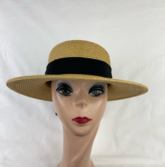 Small Head Size 3 Inch Brim Tan Boater Hat With Fabric Band & Bow