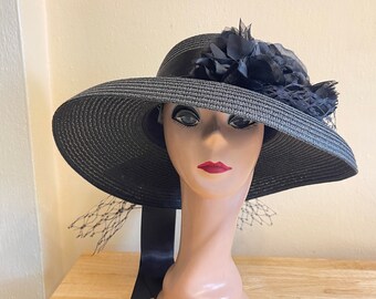 Black Lampshade Straw Hat With Vintage Silk & Organza Roses / Retro Style Formal Event Hat / Derby Hat / Garden Party Hat / Couture Hat