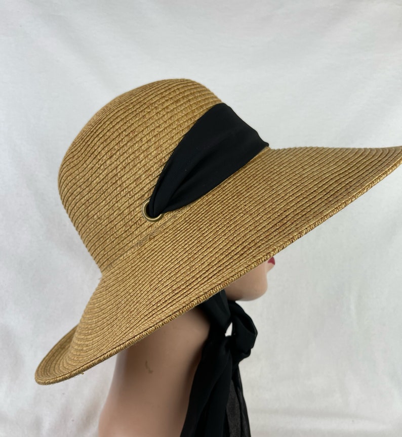 Wheat Color 4 Inch Downturn Brim Straw Hat With Changeable Scarf Trim / Sun Hat With Chin Tie / Straw Lg Brim Beach Hat / Retro Sun Hat image 6
