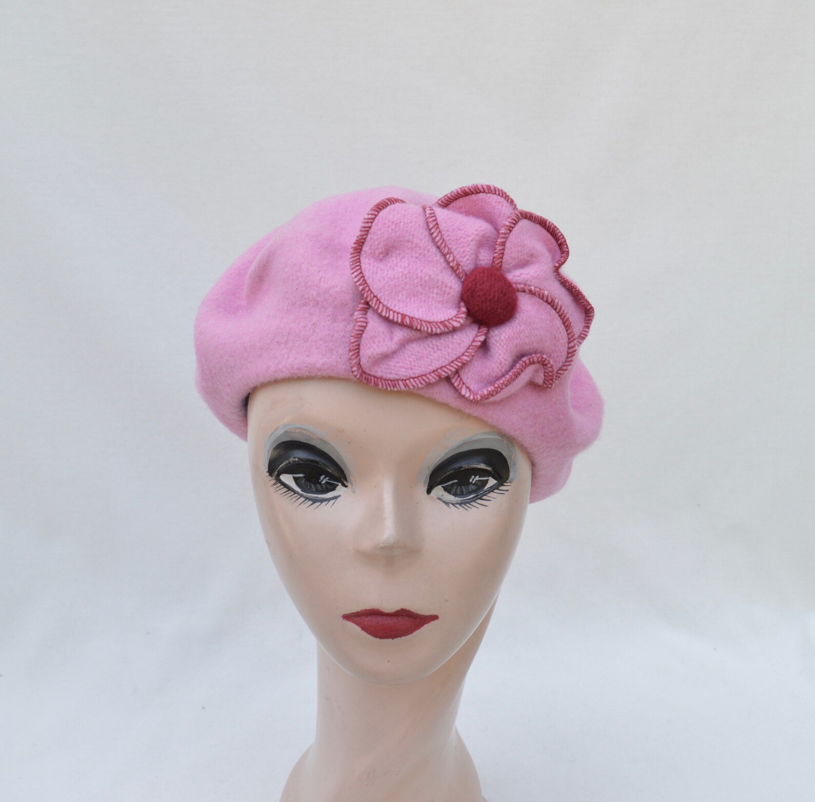 Pink Wool Felt Beret With Flower Trim / French Inspired Wool Etsy