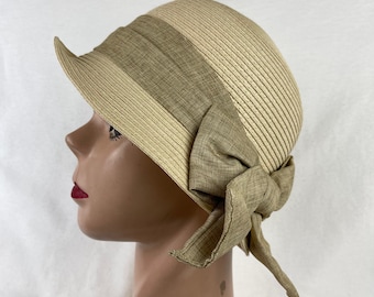 Natural Beige Straw Cloche Hat With Bow / Vintage Inspired Cloche / Tan Cloche Hat / Wedding Guest Hat / Summer Hat / Downton Abbey Cloche