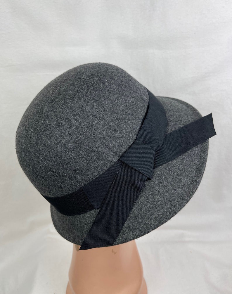 Gray Felt Cloche Hat With Turned Up Slanted Brim And Black Ribbon Band / Vintage Inspired Gray Felt Cloche Hat / Downton Abbey Cloche Hat image 10