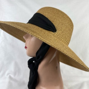 Wheat Color 4 Inch Downturn Brim Straw Hat With Changeable Scarf Trim / Sun Hat With Chin Tie / Straw Lg Brim Beach Hat / Retro Sun Hat image 3