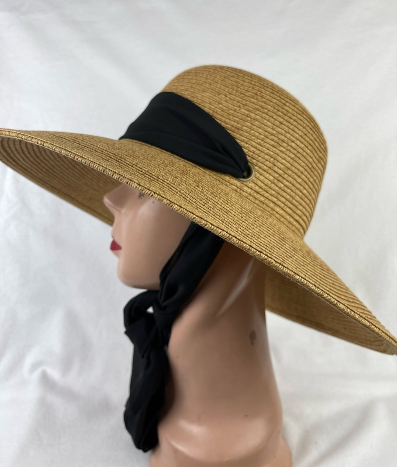 Wheat Color 4 Inch Downturn Brim Straw Hat With Changeable Scarf Trim / Sun Hat With Chin Tie / Straw Lg Brim Beach Hat / Retro Sun Hat image 3