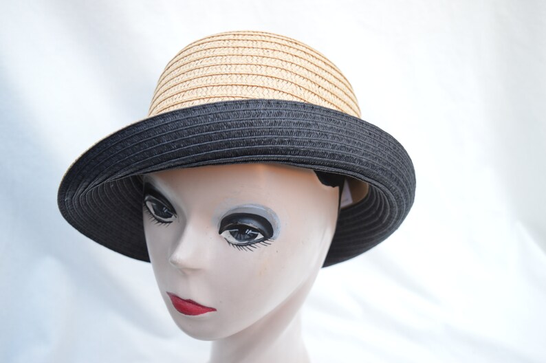 Tan/Black Cloche Hat With Bow / Vintage Inspired Downton Abbey Cloche Hat / Tan/Black Straw Cloche Hat With Rolled Brim And Bow image 8