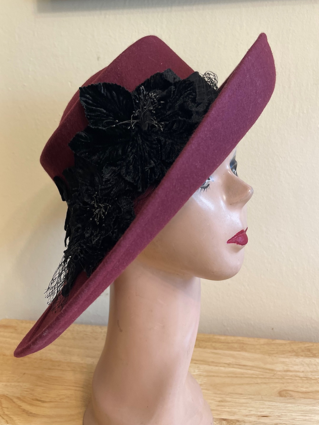 Vintage Burgundy Feathered Wide Brim Wool Hat Wide Brim Red 100% Wool Vintage Hats for Women for sale | eBay main image 4