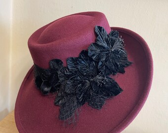 Jacqueline Ferrar Burgundy Wool Felt  Hat with Black Floral Band/Flower Jacqueline Ferrar Burgundy Wool Felt Hat with Black Floral  main image 2
